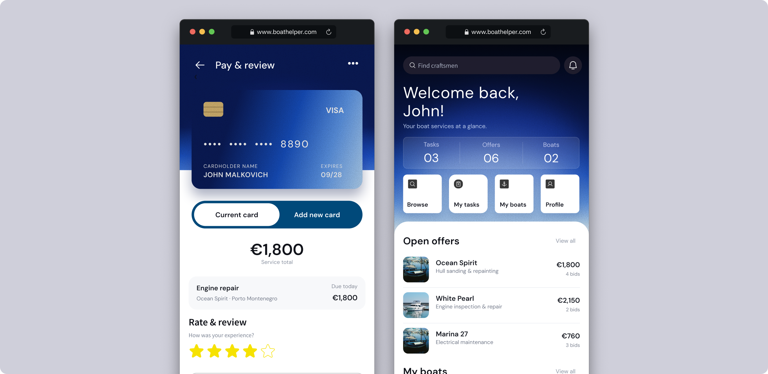 BoatHelper app interface for boat repair and maintenance services