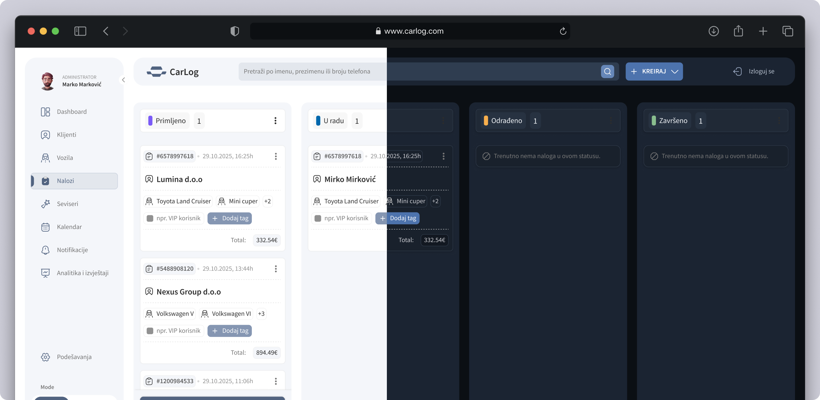 CarLog interface for managing an auto repair shop