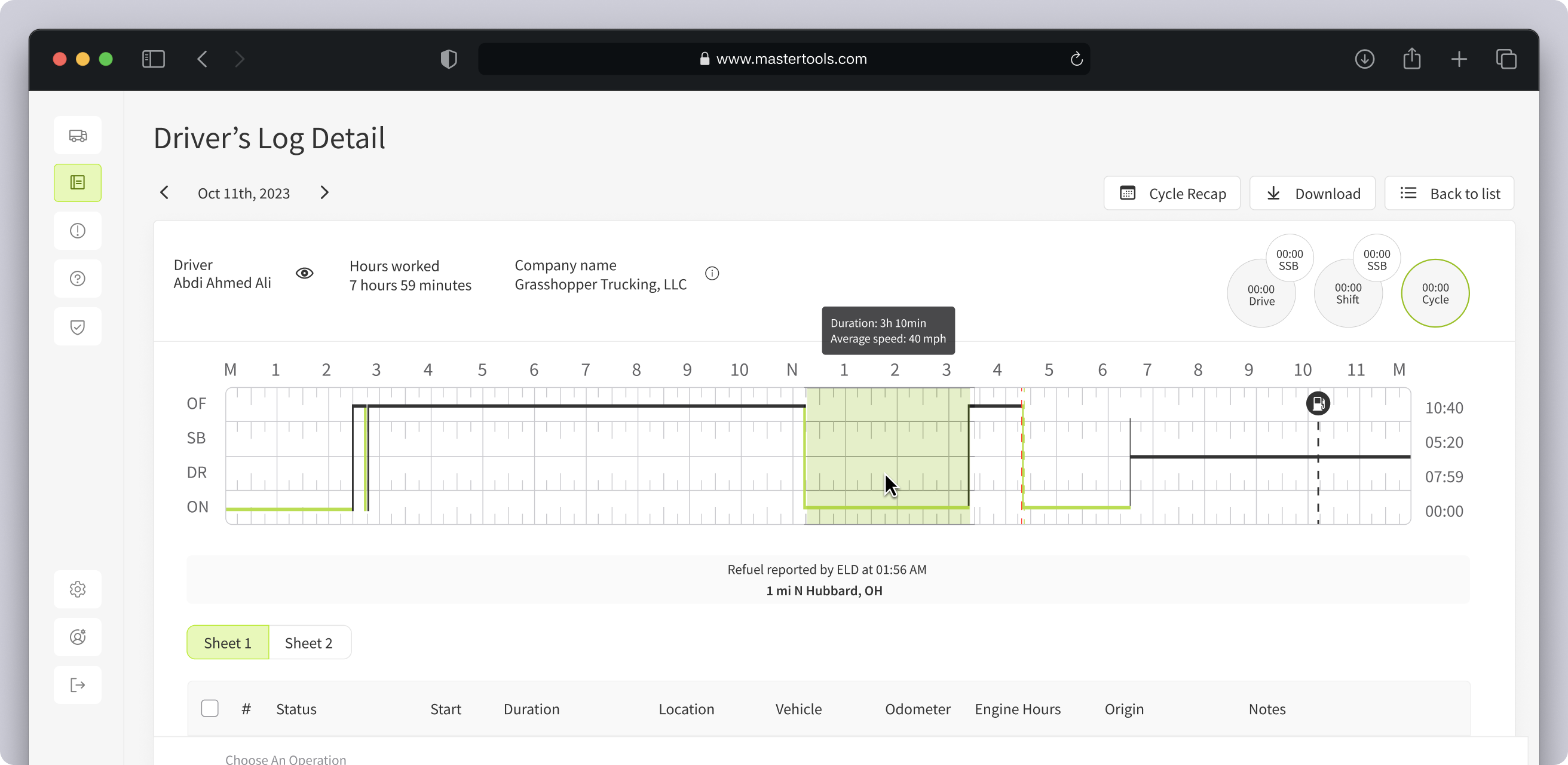 ELD Monitoring interface for tracking driver hours and logs