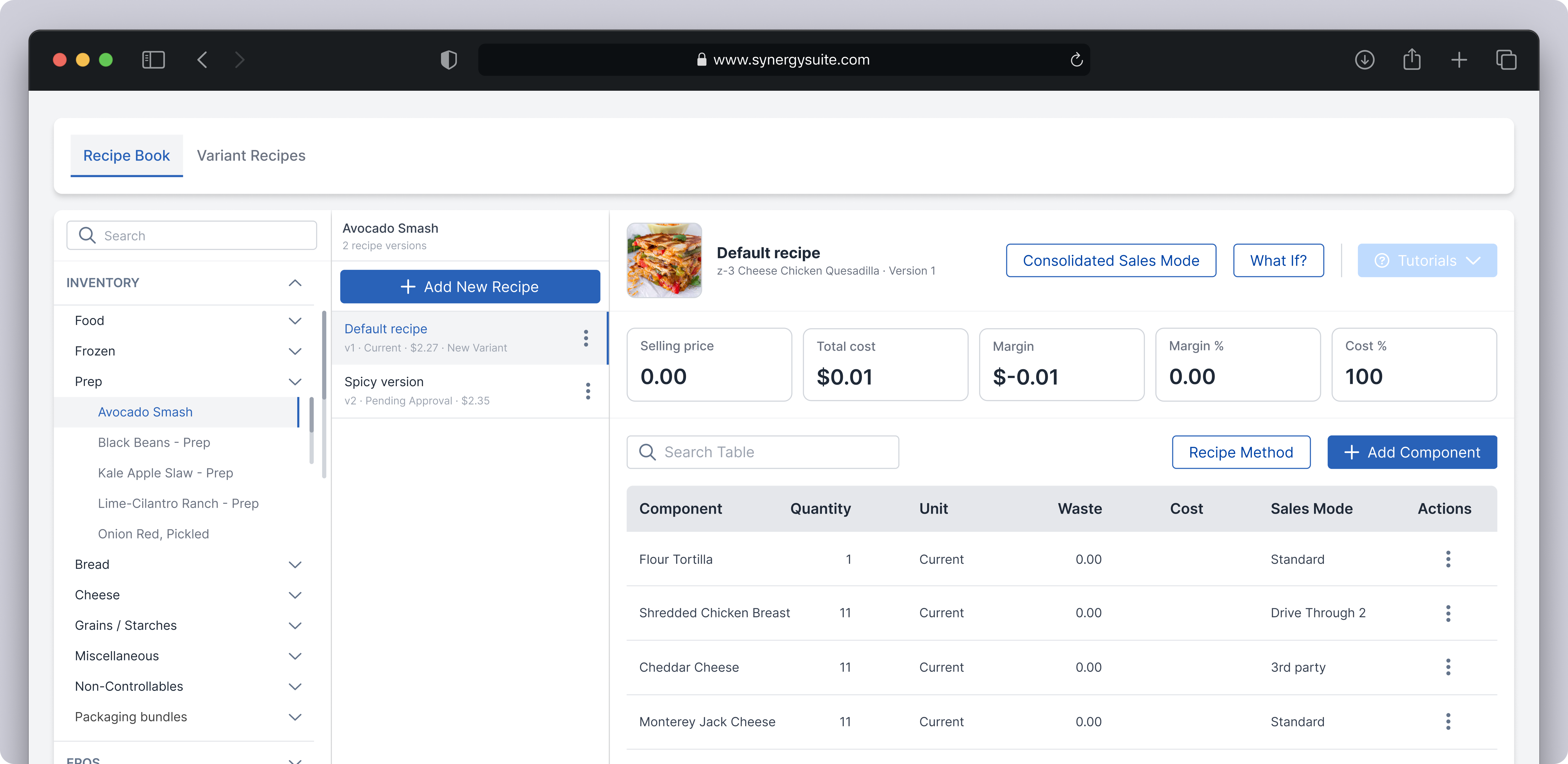 SynergySuite Recipe Book interface for managing recipes